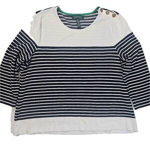 Lauren Ralph‎ Lauren Shirt Womens XL Navy White Striped 3/4 Sleeve Nautical Top